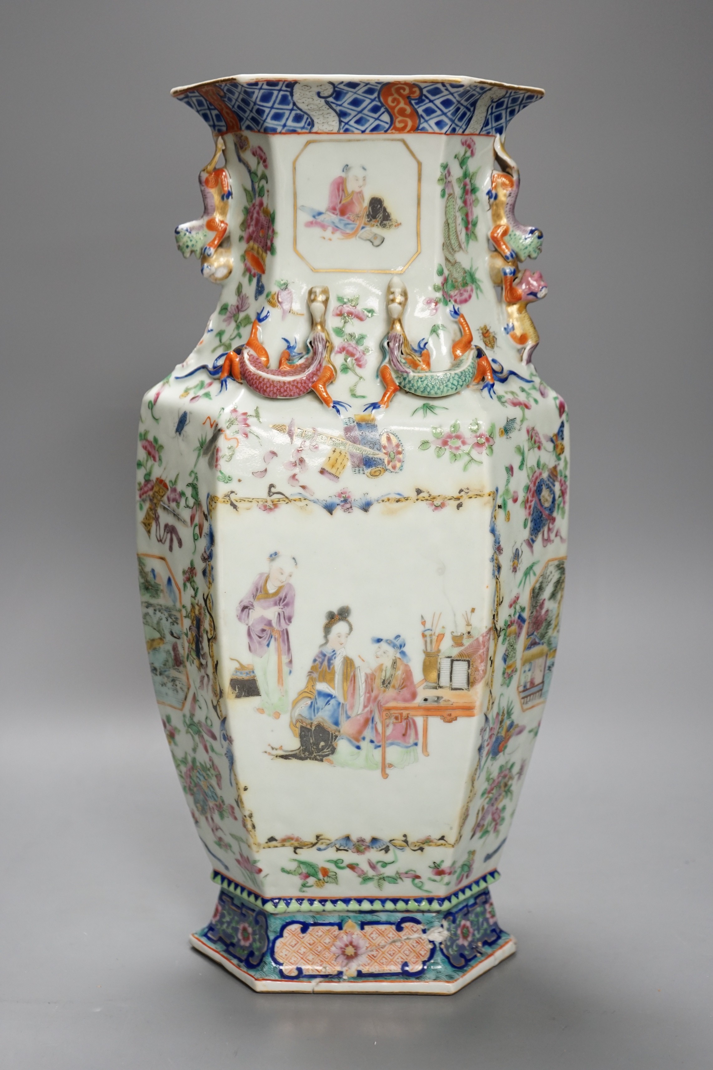 A 19th century Chinese famille rose hexagonal vase, 42cm